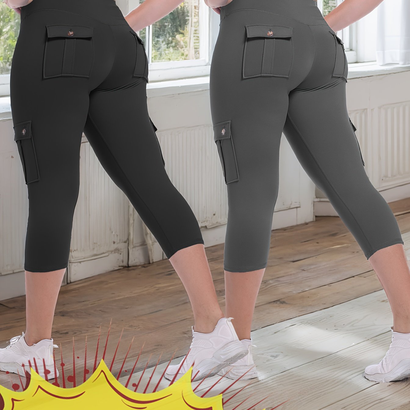 JEGGE High Waist Yoga Capri Pants Set with Pockets Active