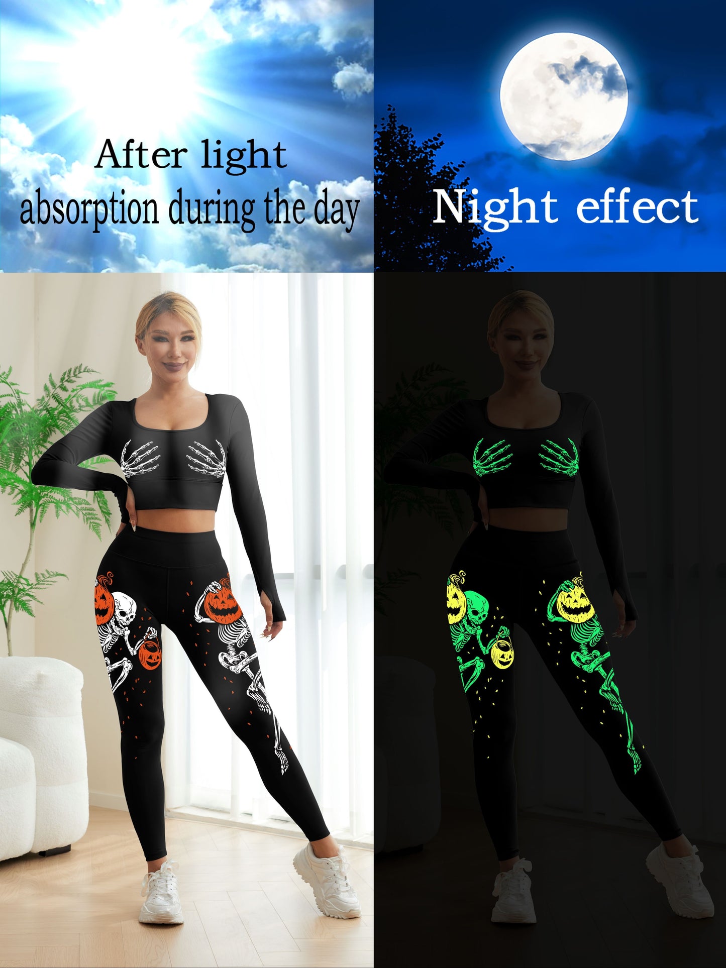 Women's Halloween Glow In Dark Skeleton Pumpkin Yoga Set