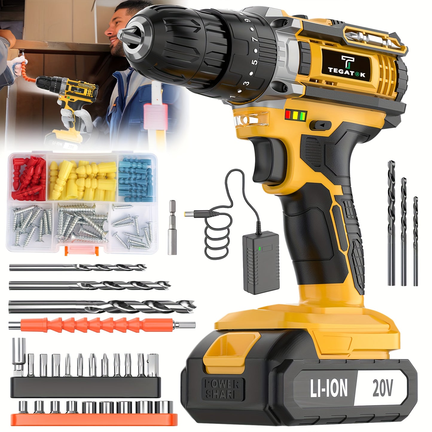 TEGATOK 20V Cordless Drill Tool Set With Battery And Case