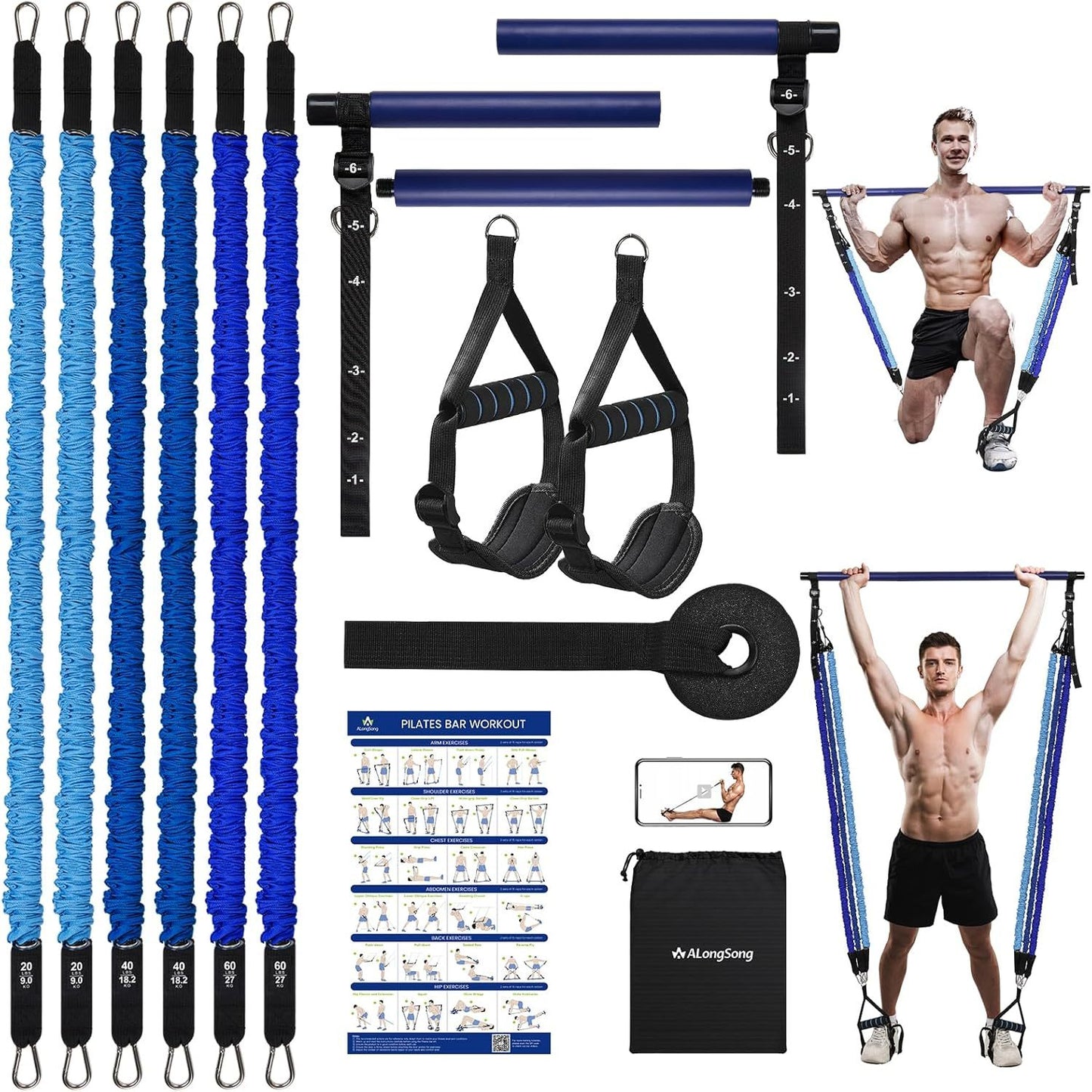 Pilates Bar Kit With Resistance Bands 20 To 240 LBS