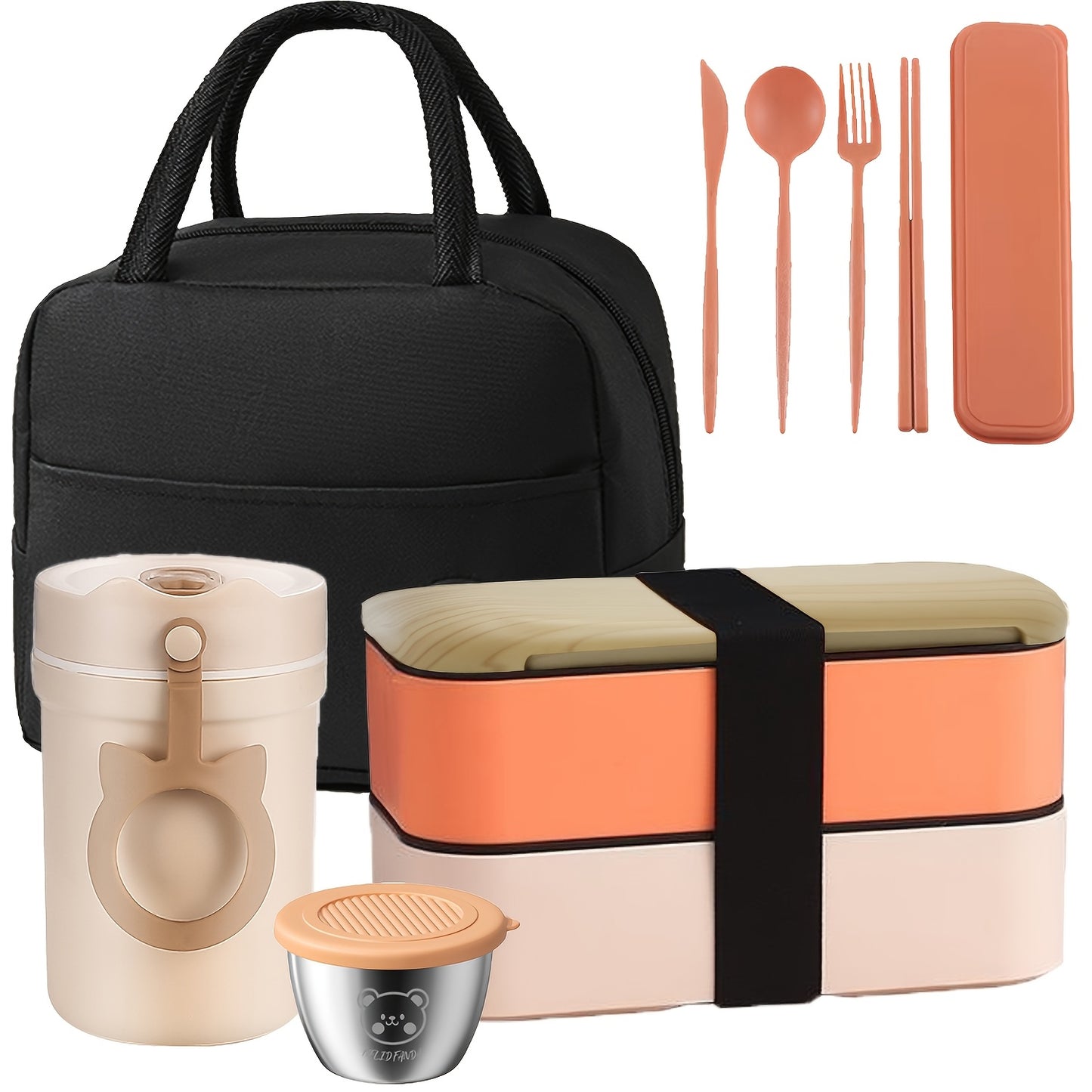 60OZ Double-layer Lunch Box Set: Lunch Box+soup Cup+tableware+dipping Dish+meal Bag. Prepare Your Favorite Lunch For Him/her, Suitable For Outdoor/long-distance Driving. - Revitalize Mind Body