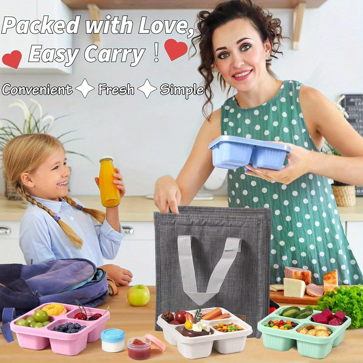 4 Pack Snack Containers with lunch Bag & Sauce Box - 4 Compartments Bento Snack Box - Reusable Meal Prep Lunch Container for Kids Adults - Divided Food Storage Containers for School Work Travel - Revitalize Mind Body
