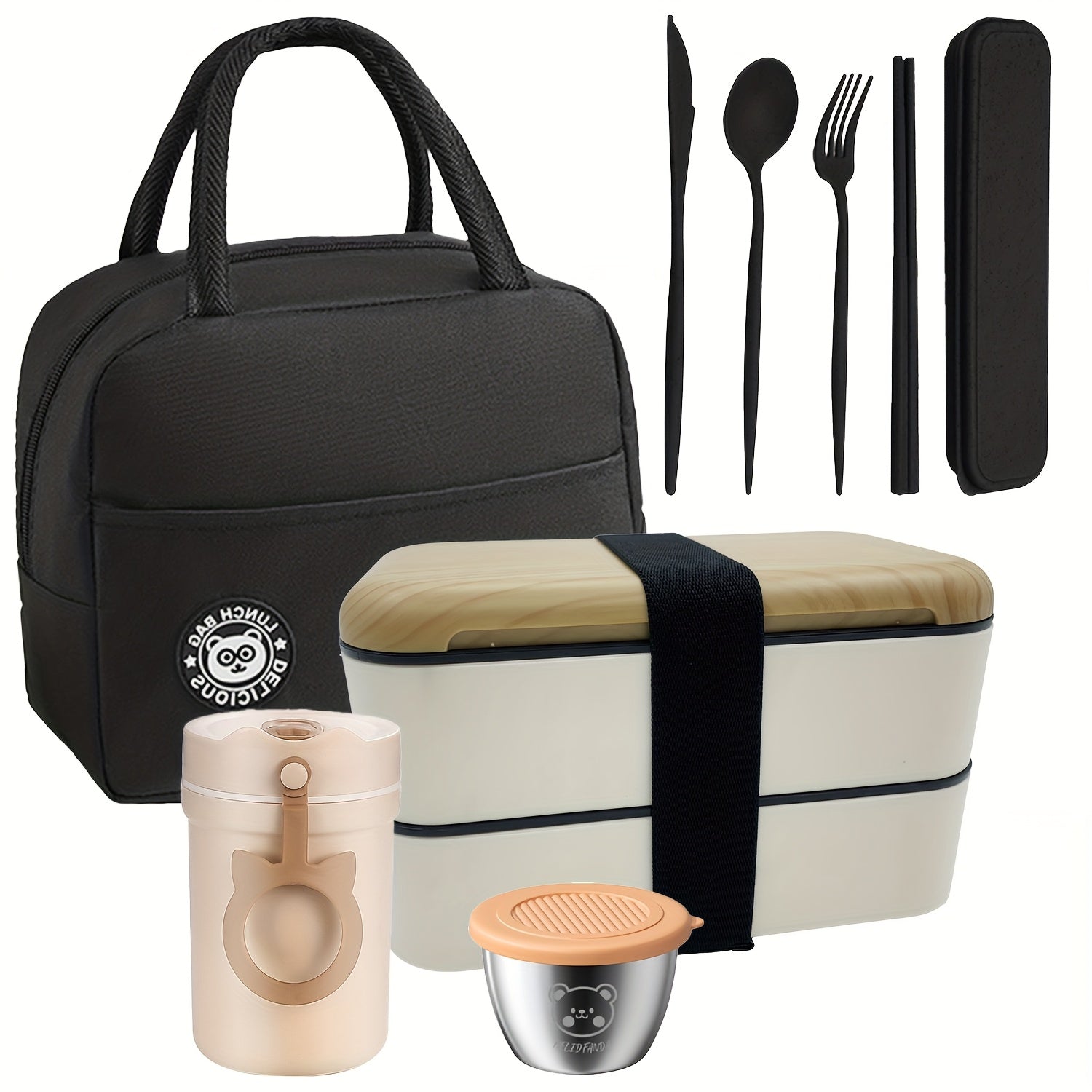60OZ Double-layer Lunch Box Set: Lunch Box+soup Cup+tableware+dipping Dish+meal Bag. Prepare Your Favorite Lunch For Him/her, Suitable For Outdoor/long-distance Driving. - Revitalize Mind Body