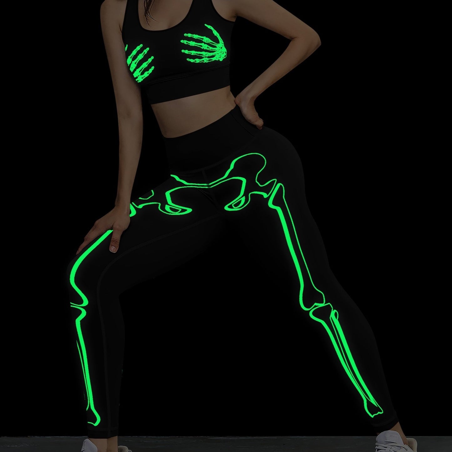 Halloween Skull Glow Yoga Set Women High Waist Pants Tank