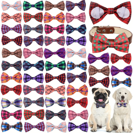 Plaid Bow Ties for Pets Adjustable Rubber Bands 50 Pieces