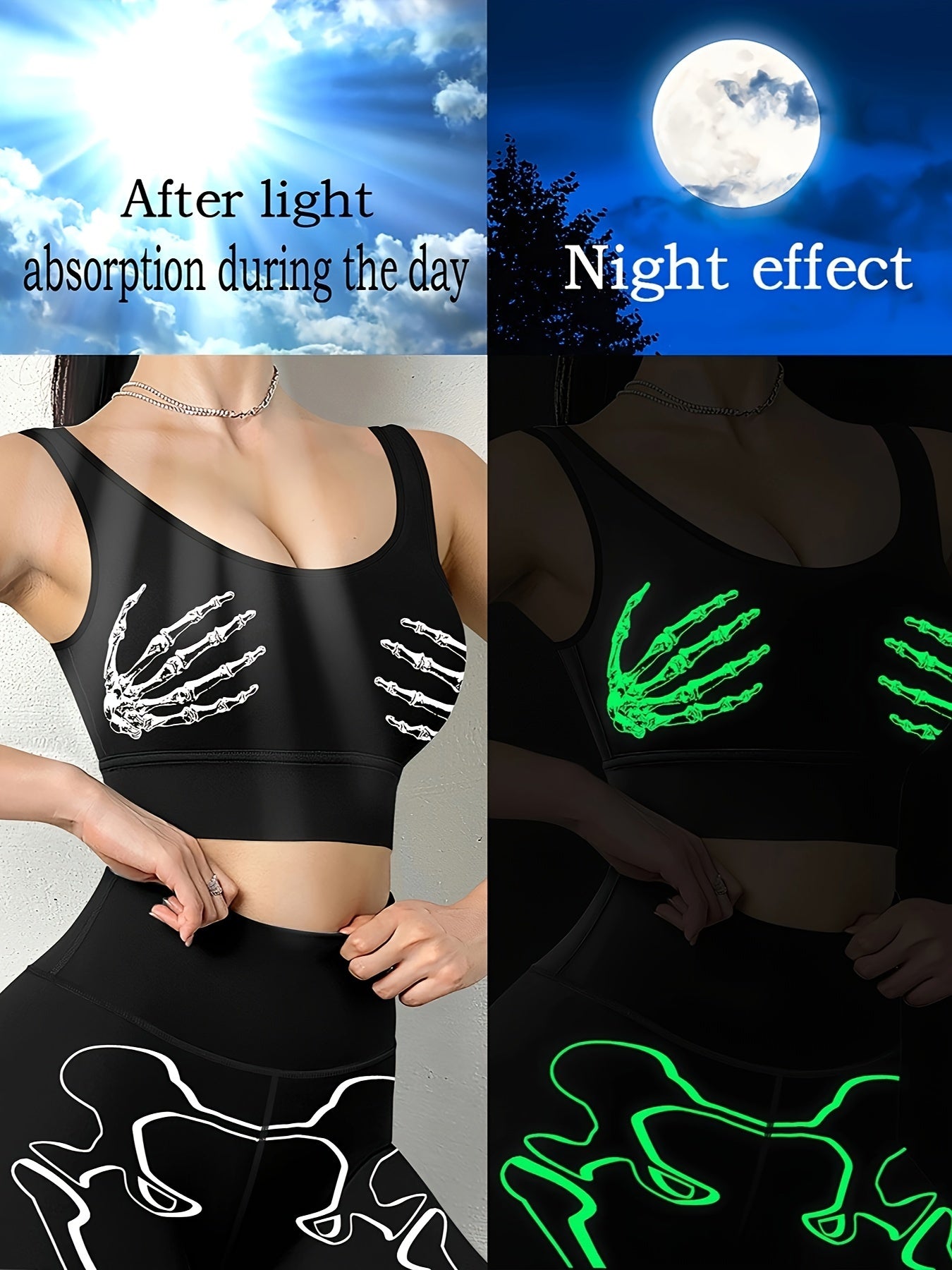 Halloween Skull Glow Yoga Set Women High Waist Pants Tank