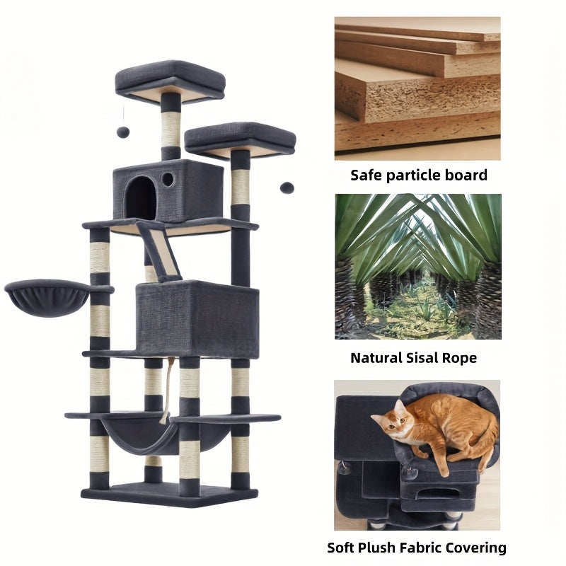 66.1/44.1in Cat Tree, Large Cat Tower with 13 Scratching Posts, 2 Perches, 2 Caves, Hanging Basket & Hammock, Pompoms, Stable Kitty Play House, Multi-Level Plush Cat Condo for Indoor Cat, Easy to Assemble, Perfect Children's - Revitalize Mind Body