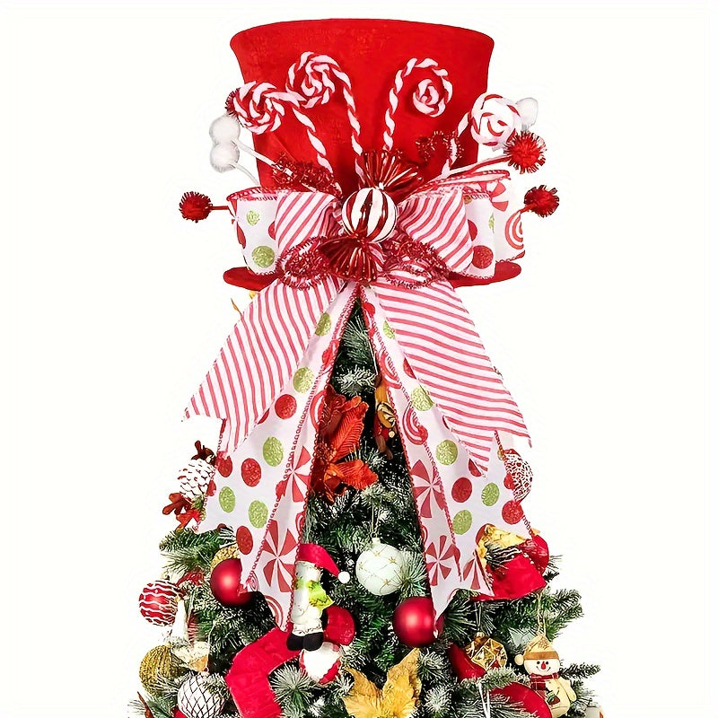 Polyester Christmas Tree Top Hat Decoration With Candy Stick Ribbon