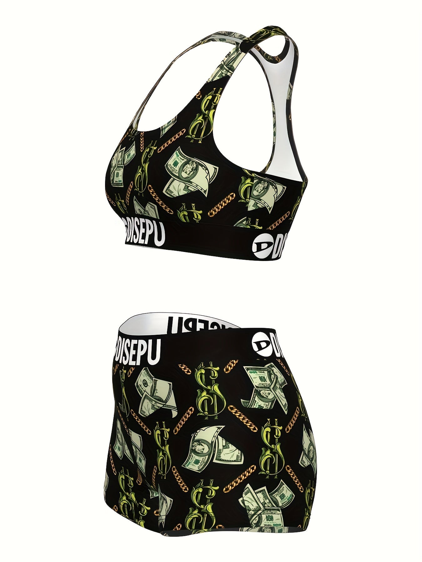 Money Print Sports Bra And Shorts Set Dollar Chain Activewear - Revitalize Mind Body