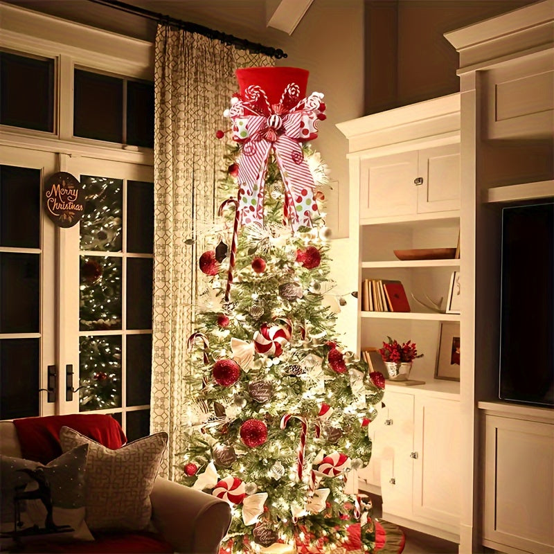Polyester Christmas Tree Top Hat Decoration With Candy Stick Ribbon
