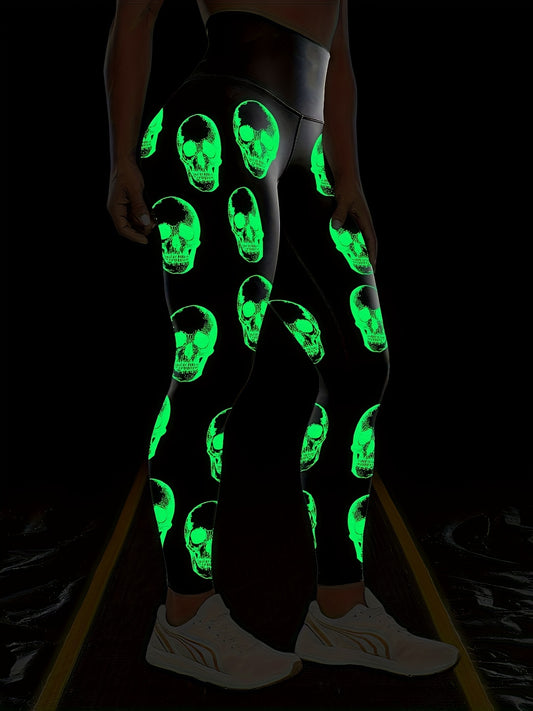 High Waist Glow In The Dark Skull Print Leggings Athletic