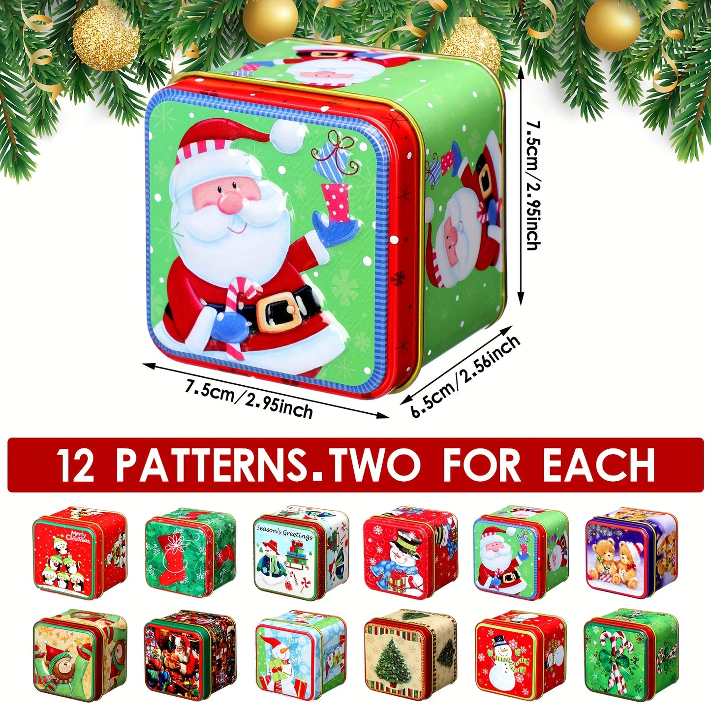 PATELAI Christmas Square Metal Cookie Jar With Lid 24pcs