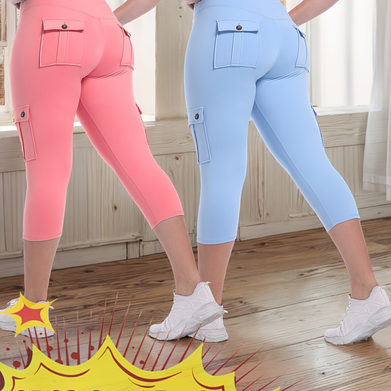 JEGGE High Waist Yoga Capri Pants Set with Pockets Active