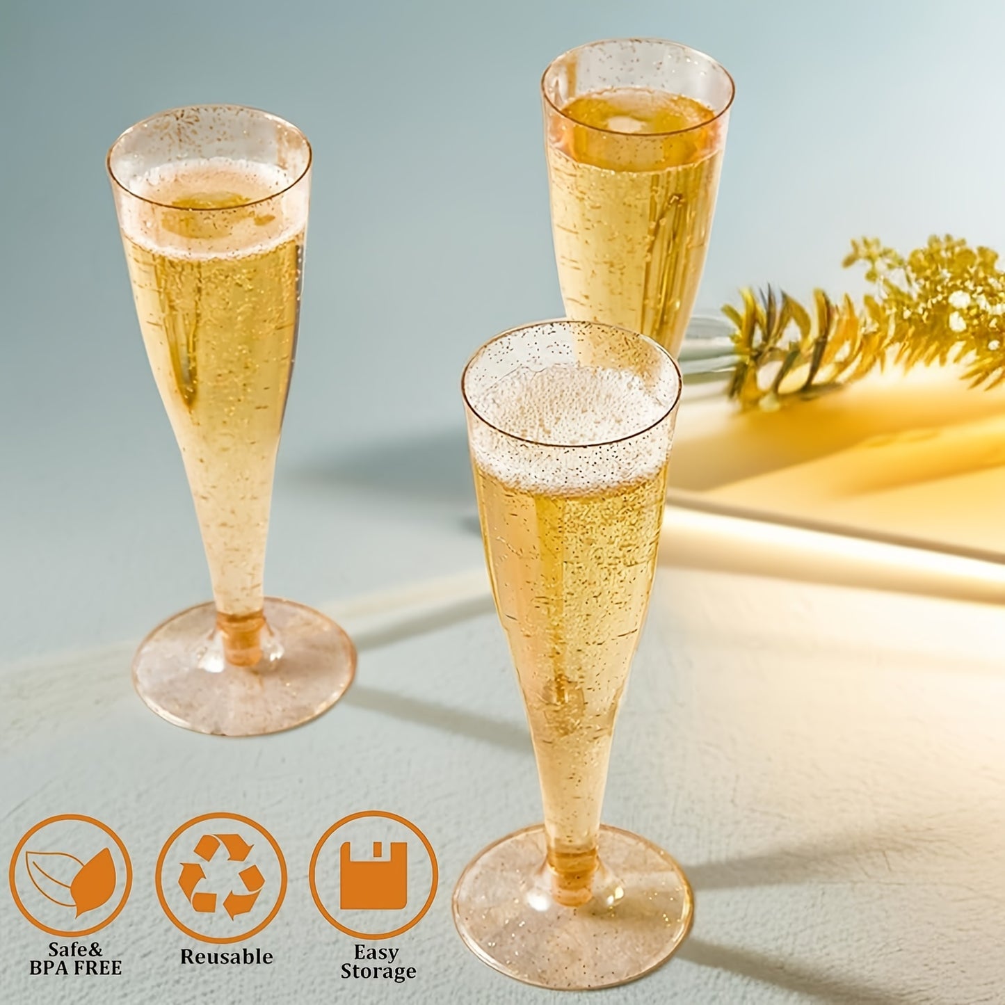 Transparent Glitter Champagne Flutes Reusable Stackable BPA Free