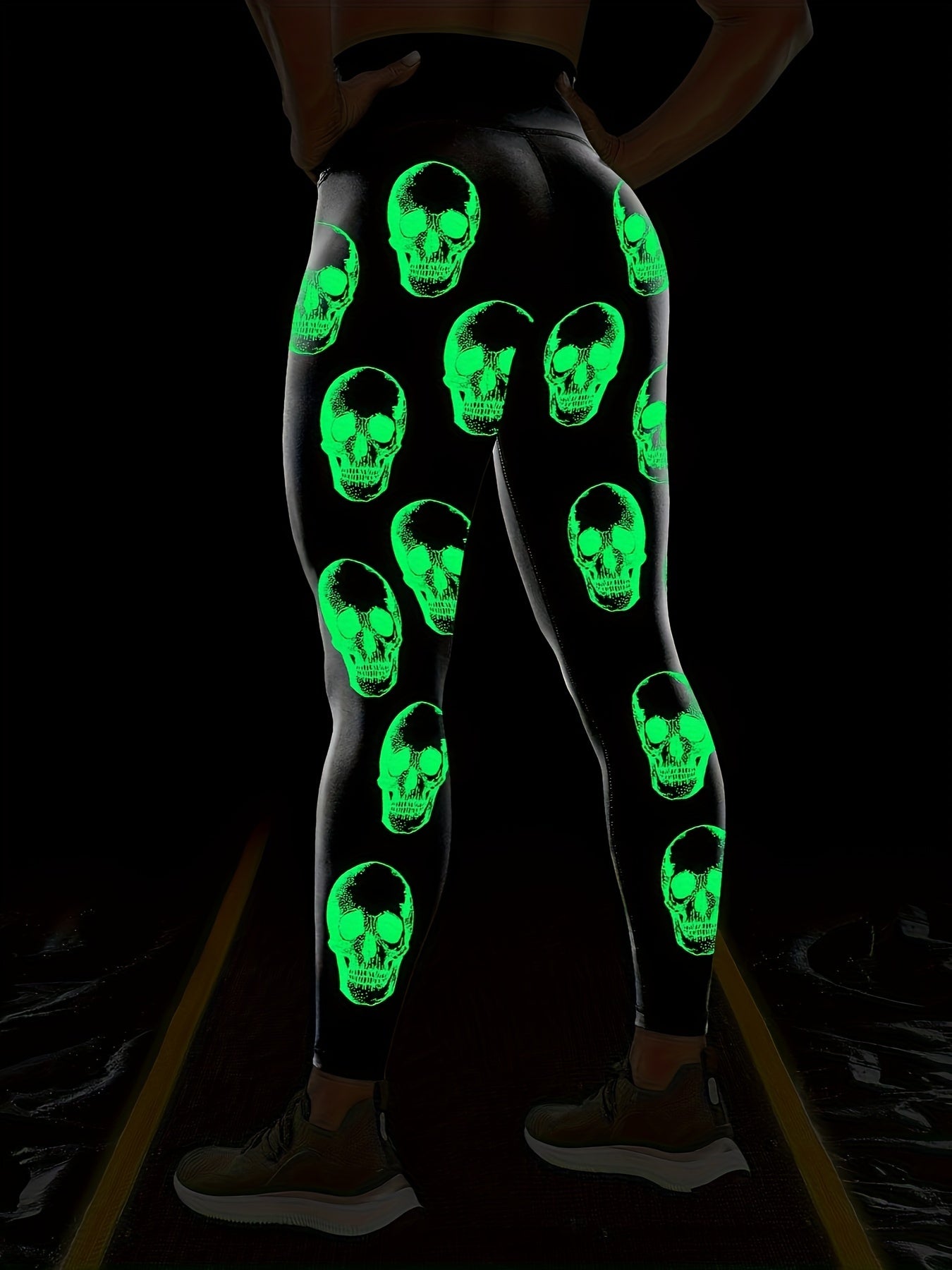 High Waist Glow In The Dark Skull Print Leggings Athletic