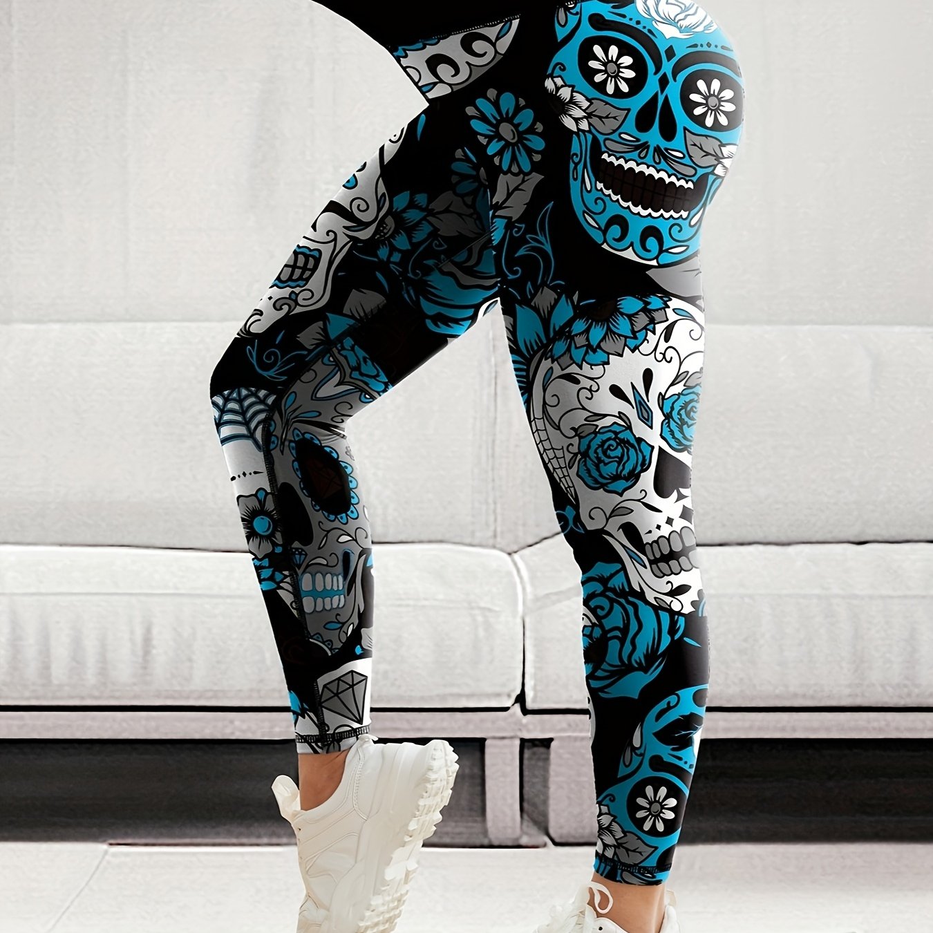 Halloween Skull Floral Print High Waist Yoga Leggings