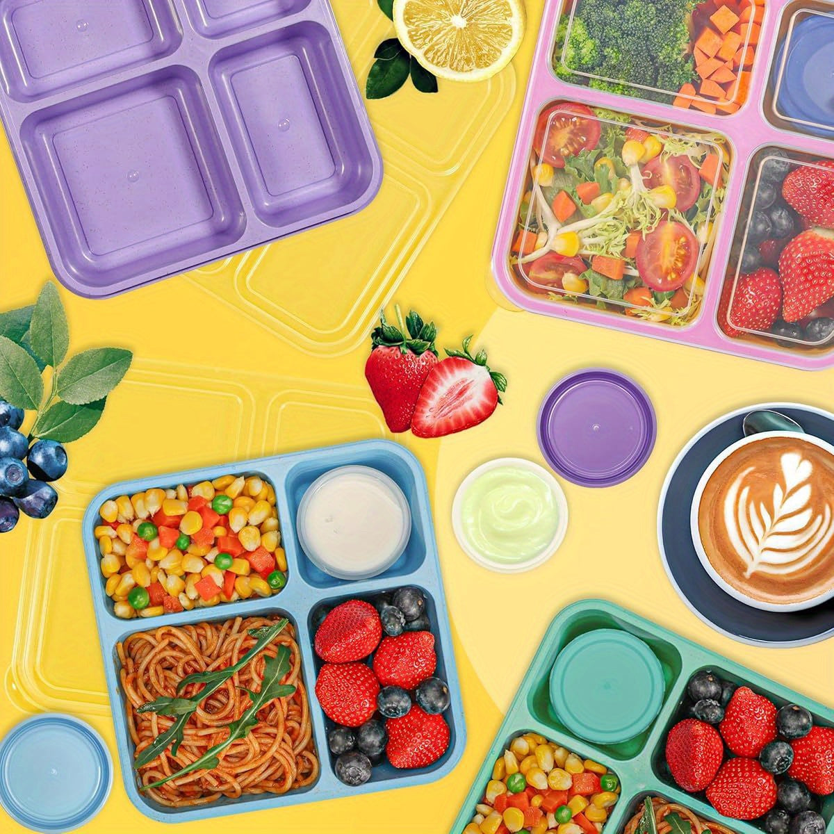 4-Pack Original Design Lunchable Container Bento Box, 40oz Large 4-Compartment Square Plastic Lunch Boxes for Adults & Kids, Microwave & Dishwasher Safe with Salad Dressing Containers, Portable for School, Office, Picnics, Pi - Revitalize Mind Body