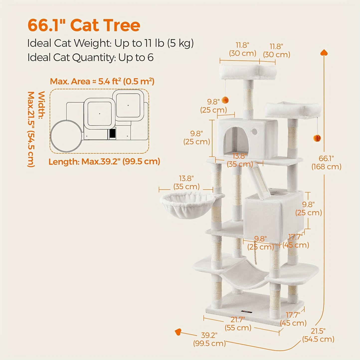 66.1/44.1in Cat Tree, Large Cat Tower with 13 Scratching Posts, 2 Perches, 2 Caves, Hanging Basket & Hammock, Pompoms, Stable Kitty Play House, Multi-Level Plush Cat Condo for Indoor Cat, Easy to Assemble, Perfect Children's - Revitalize Mind Body