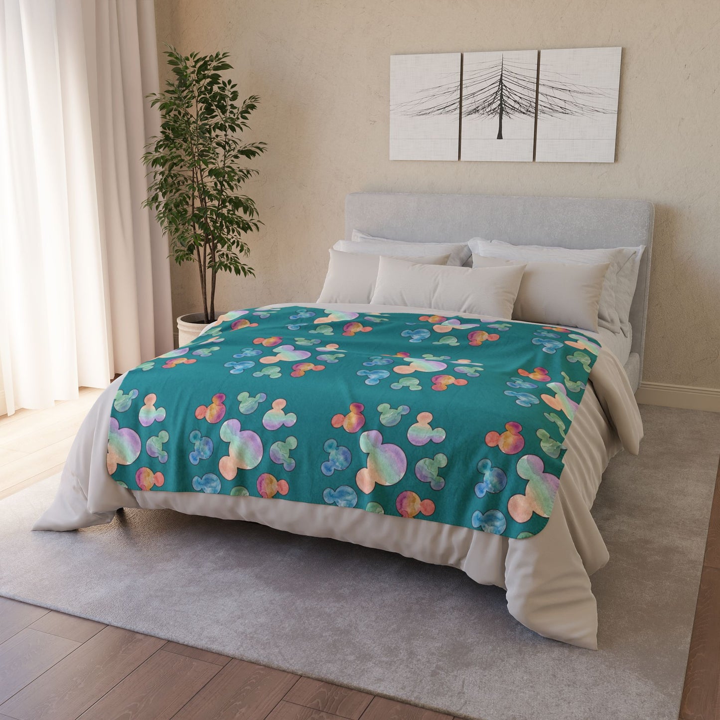 Pastel Mickey Head Pattern Fleece Sherpa Blanket | Teal Watercolor Mouse Print - Revitalize Mind Body