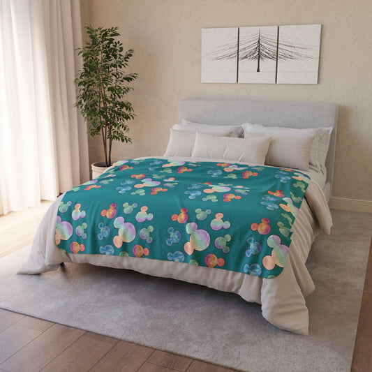 Pastel Mickey Head Pattern Fleece Sherpa Blanket | Teal Watercolor Mouse Print - Revitalize Mind Body