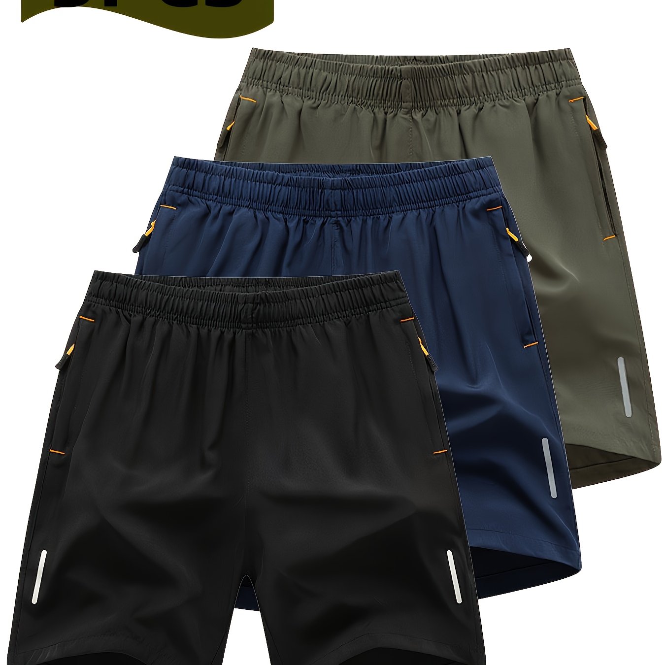 3pcs Men'S Stylish Athletic Shorts, Black Drawstring Design, Zippered Pockets, Ideal For Summer Training And Outdoor Activities, Plus Size Shorts - Revitalize Mind Body