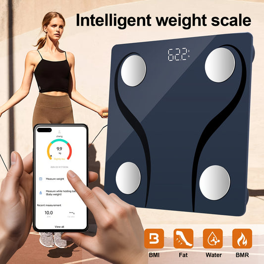180kg/400lb Capacity Body Fat Scale with App Connectivity - Thickened Tempered Glass & Stainless Steel Contact Plate, 11x11 Inch Digital Bathroom/Gym Scale for Home, Living Room, Bedroom - BMI, Water & Muscle Mass Tracking, B - Revitalize Mind Body