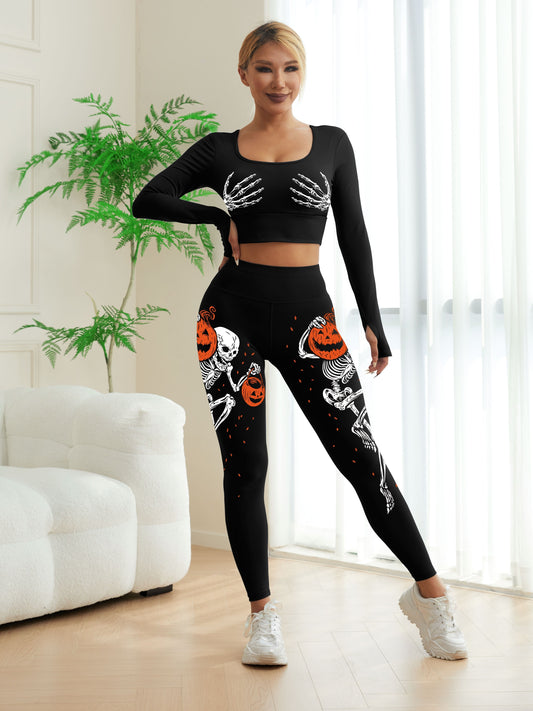 Women's Halloween Glow In Dark Skeleton Pumpkin Yoga Set