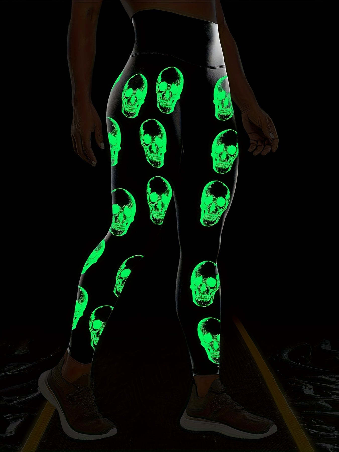 High Waist Glow In The Dark Skull Print Leggings Athletic