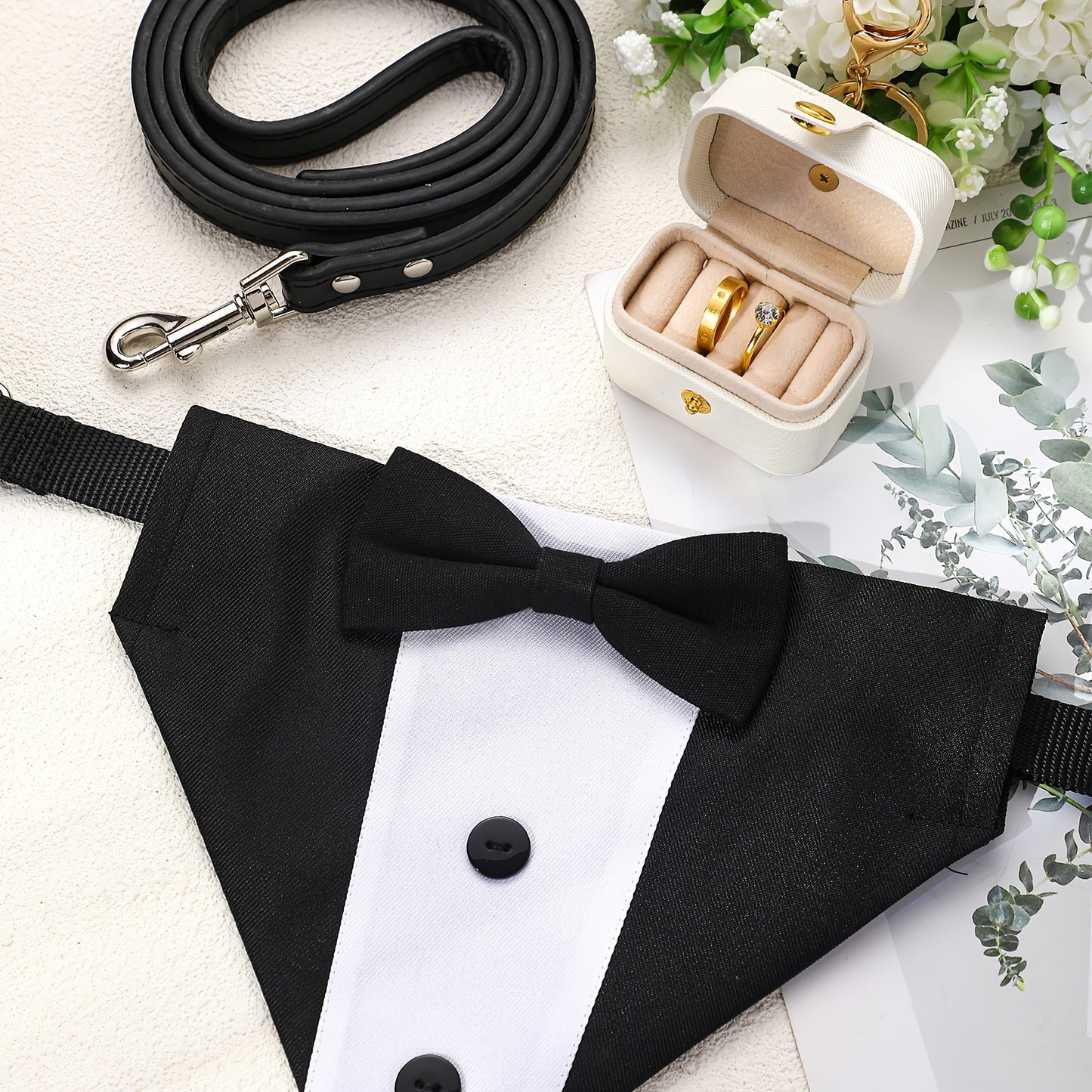 Elegant Dog Tuxedo Outfit with Bow Tie and Leash Set