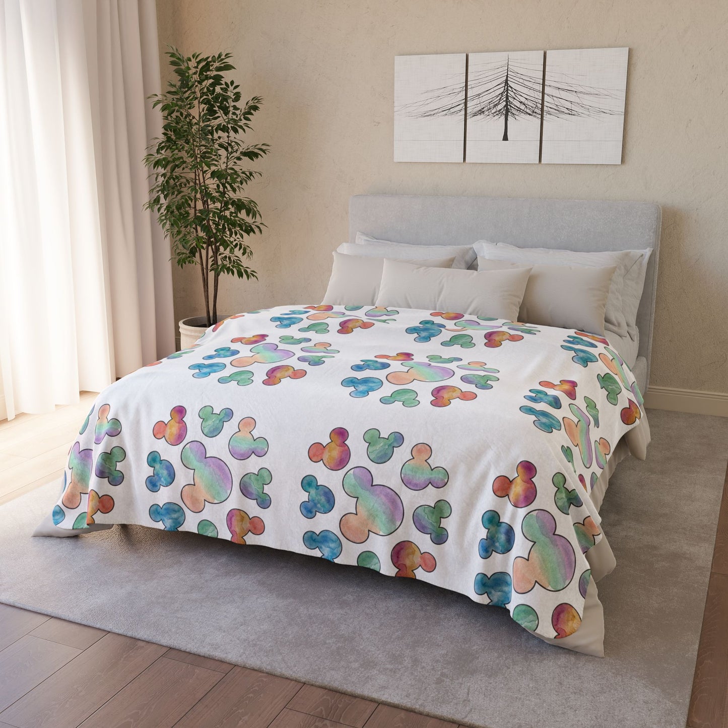 Pastel Mickey Head Pattern Fleece Sherpa Blanket | Teal Watercolor Mouse Print - Revitalize Mind Body