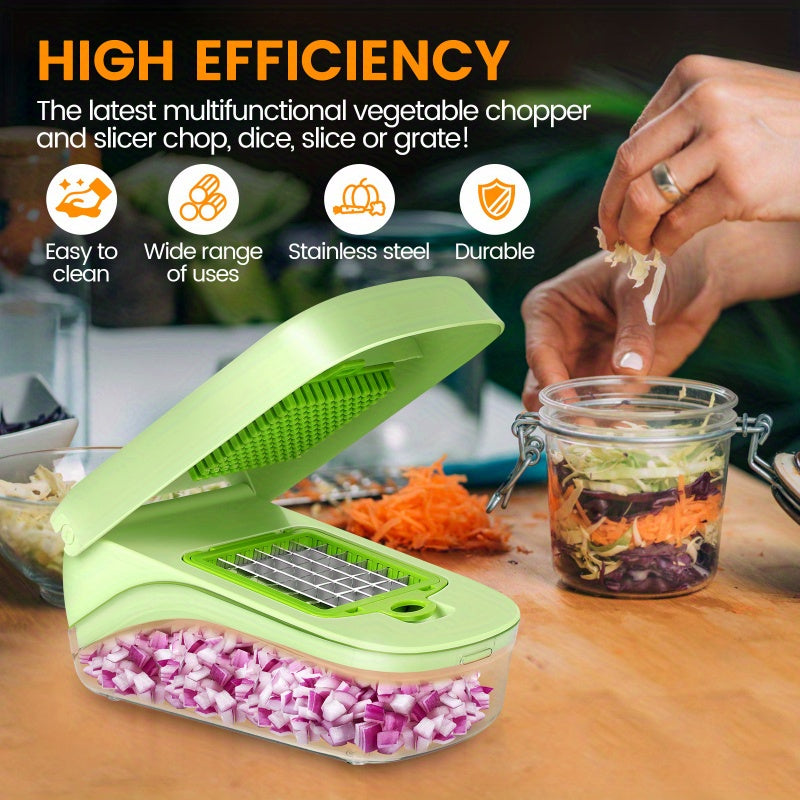 Green Multi-Functional Manual Vegetable Chopper & Slicer - Stainless Steel Grater for Shredding, Slicing Onions, Potatoes, and Fruits - Includes Interchangeable Attachments for Grating, Slicing, and Julienne Cuts - Perfect fo - Revitalize Mind Body