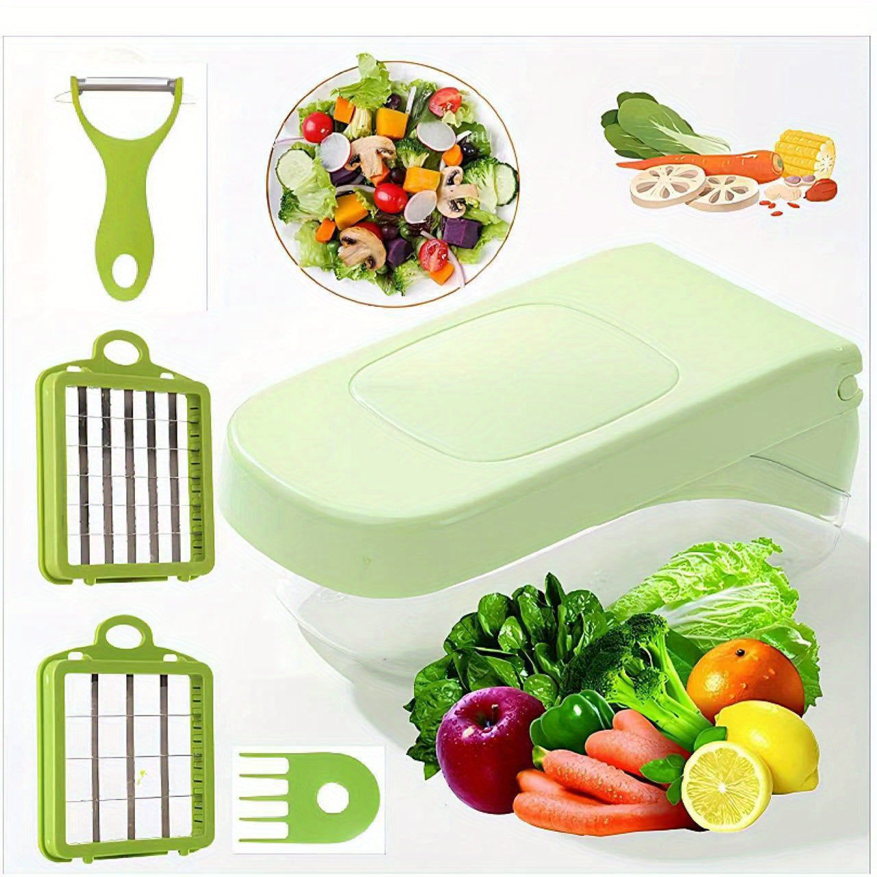 Green Multi-Functional Manual Vegetable Chopper & Slicer - Stainless Steel Grater for Shredding, Slicing Onions, Potatoes, and Fruits - Includes Interchangeable Attachments for Grating, Slicing, and Julienne Cuts - Perfect fo - Revitalize Mind Body