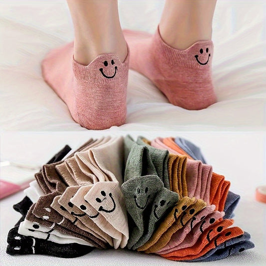 Women Cotton Blend Ankle Socks Embroidered Smile Design