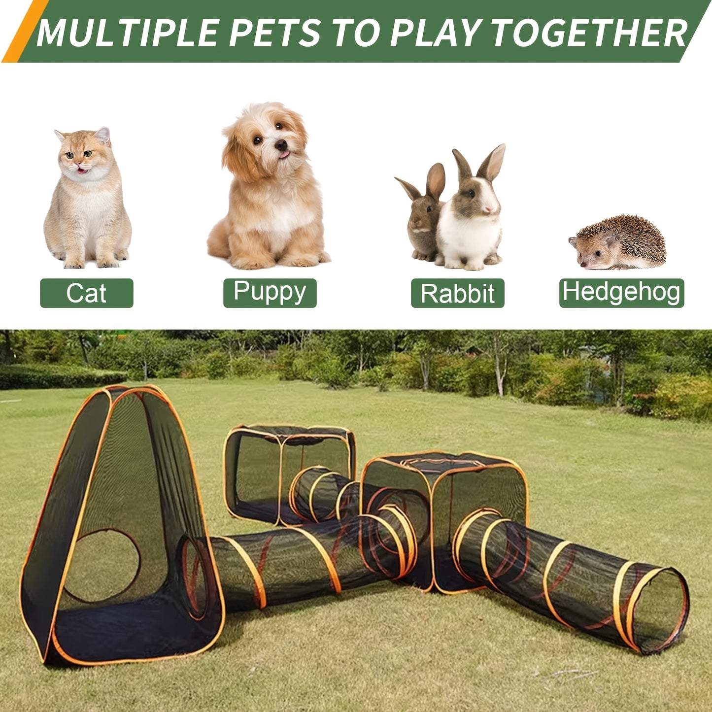 6-in-1 Foldable Pet Playpen - Interactive Design, Black/Orange, for Cats & Dogs, Outdoor/Indoor Use, Tunnel & Tent - Revitalize Mind Body