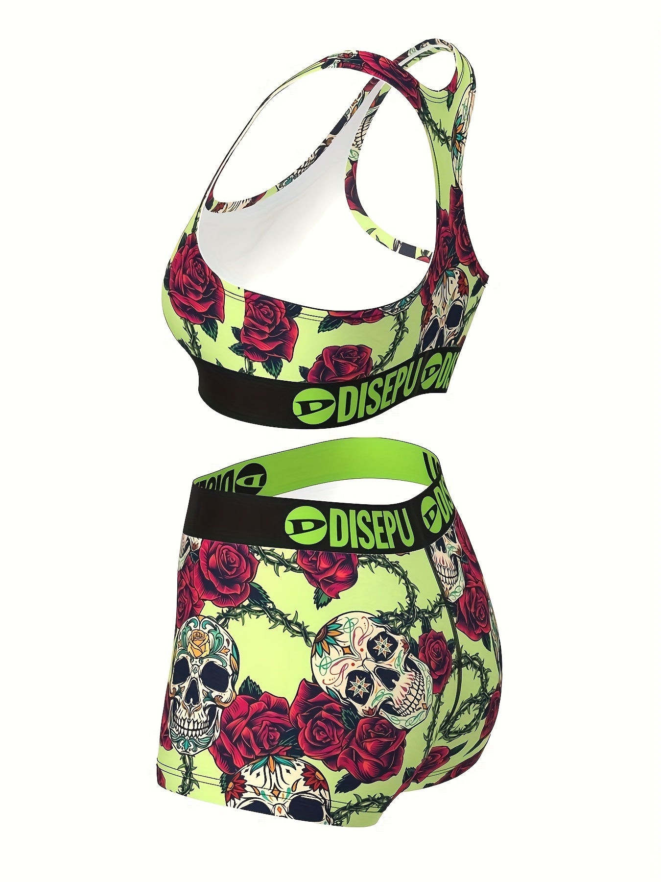 Skull and Rose Print Sports Bra and Shorts Set Women - Revitalize Mind Body