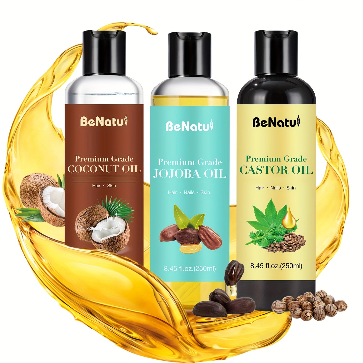 BENATU Castor Oil Jojoba Coconut Essential Oil Set - Revitalize Mind Body