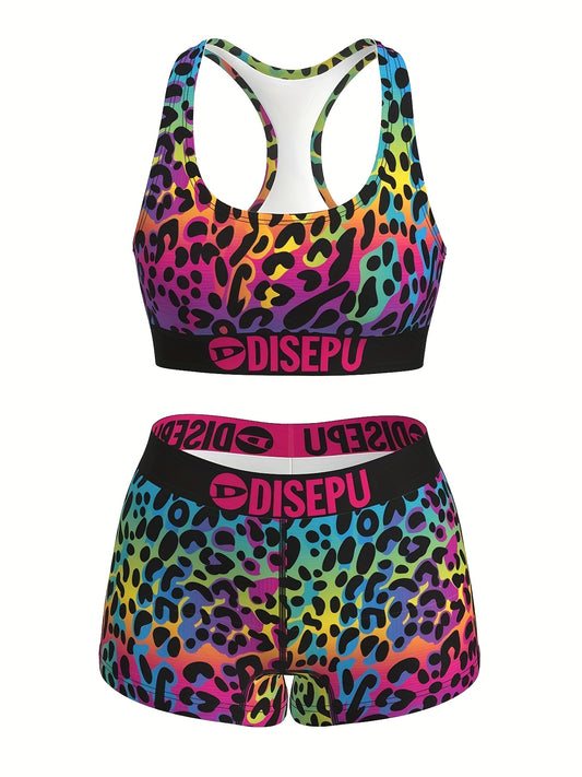 Rainbow Leopard Print Workout Set Sports Bra And Shorts - Revitalize Mind Body