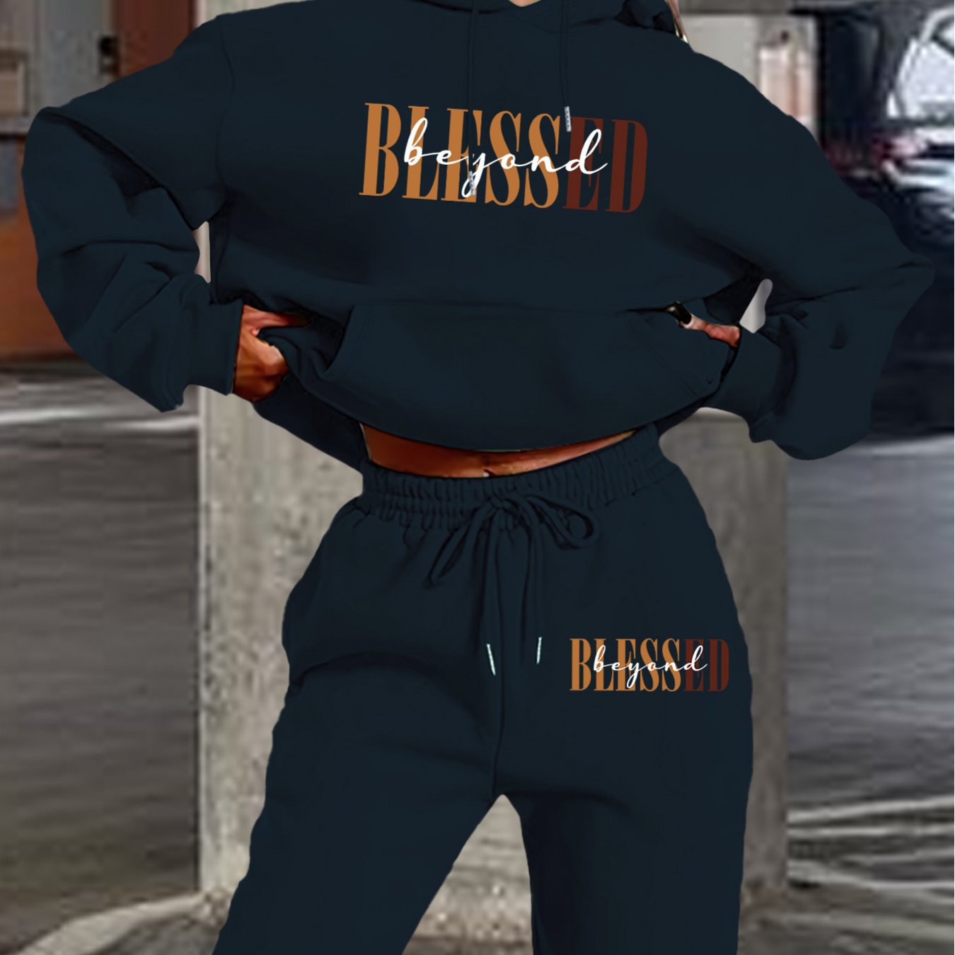 Women’s Letter Print Hoodie And Jogger Set Polyester With Pockets