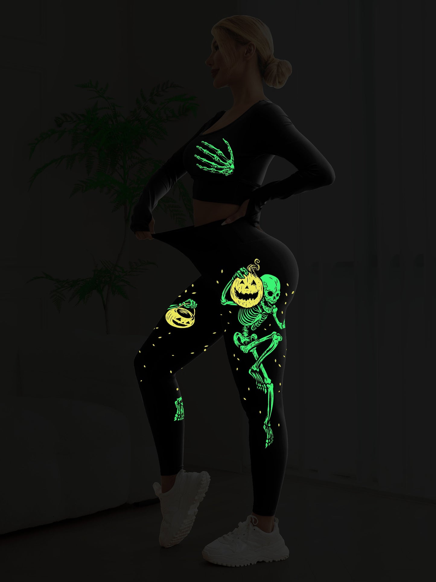 Women's Halloween Glow In Dark Skeleton Pumpkin Yoga Set
