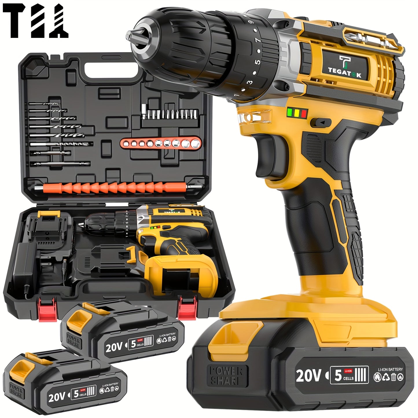 TEGATOK 20V Cordless Drill Tool Set With Battery And Case