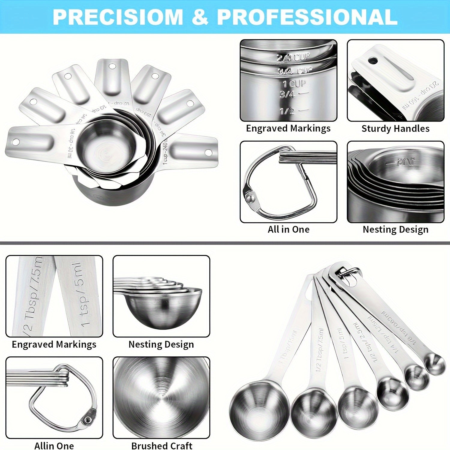 20pcs/set, Measuring Cups And Spoons Set, Stainless Steel Measuring Cups And Spoons Set, Including Stackable Measuring Cup And Measuring Spoons, 1 Leveler For Dry And Liquid Ingredients, Baking Tools, Kitchen Stuff - Revitalize Mind Body