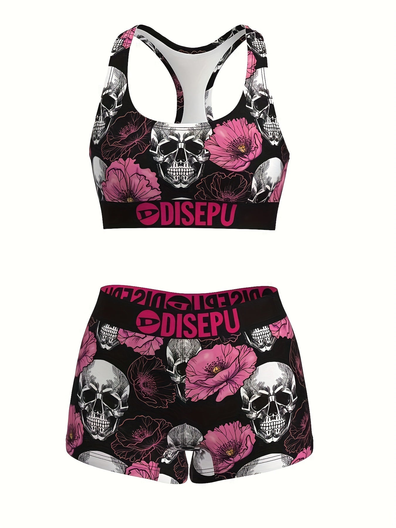 Gothic Floral Skull Print Sports Bra And Shorts Set - Revitalize Mind Body