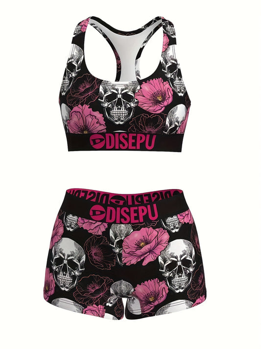 Gothic Floral Skull Print Sports Bra And Shorts Set - Revitalize Mind Body