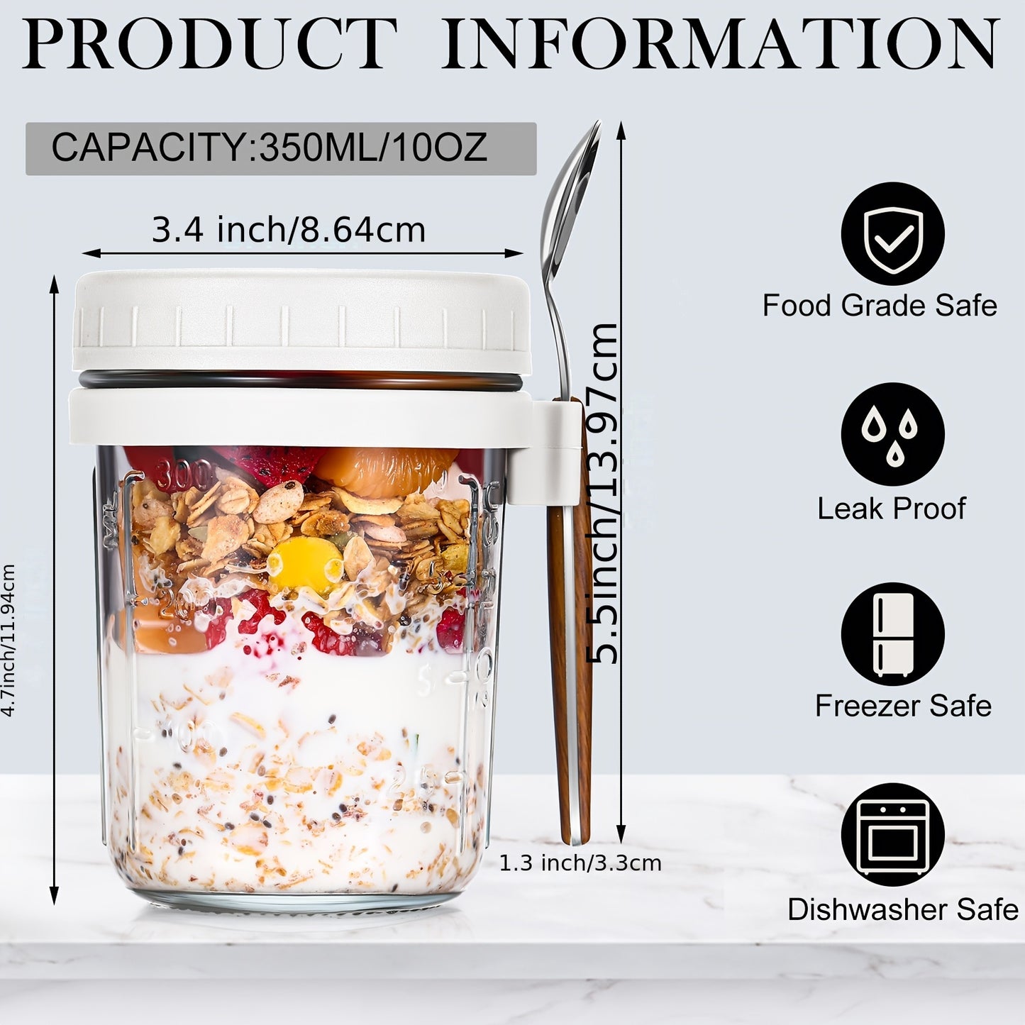 8pcs 10oz Large Capacity Airtight Overnight Oats Containers with Lids & Wooden Spoons - Reusable, Clear Round Jars with Measurement Marks for Healthy Breakfast Prep - Revitalize Mind Body