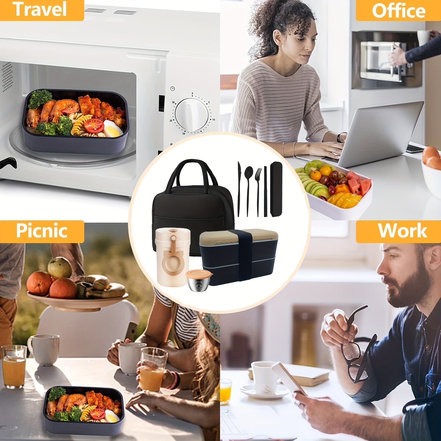 60OZ Double-layer Lunch Box Set: Lunch Box+soup Cup+tableware+dipping Dish+meal Bag. Prepare Your Favorite Lunch For Him/her, Suitable For Outdoor/long-distance Driving. - Revitalize Mind Body