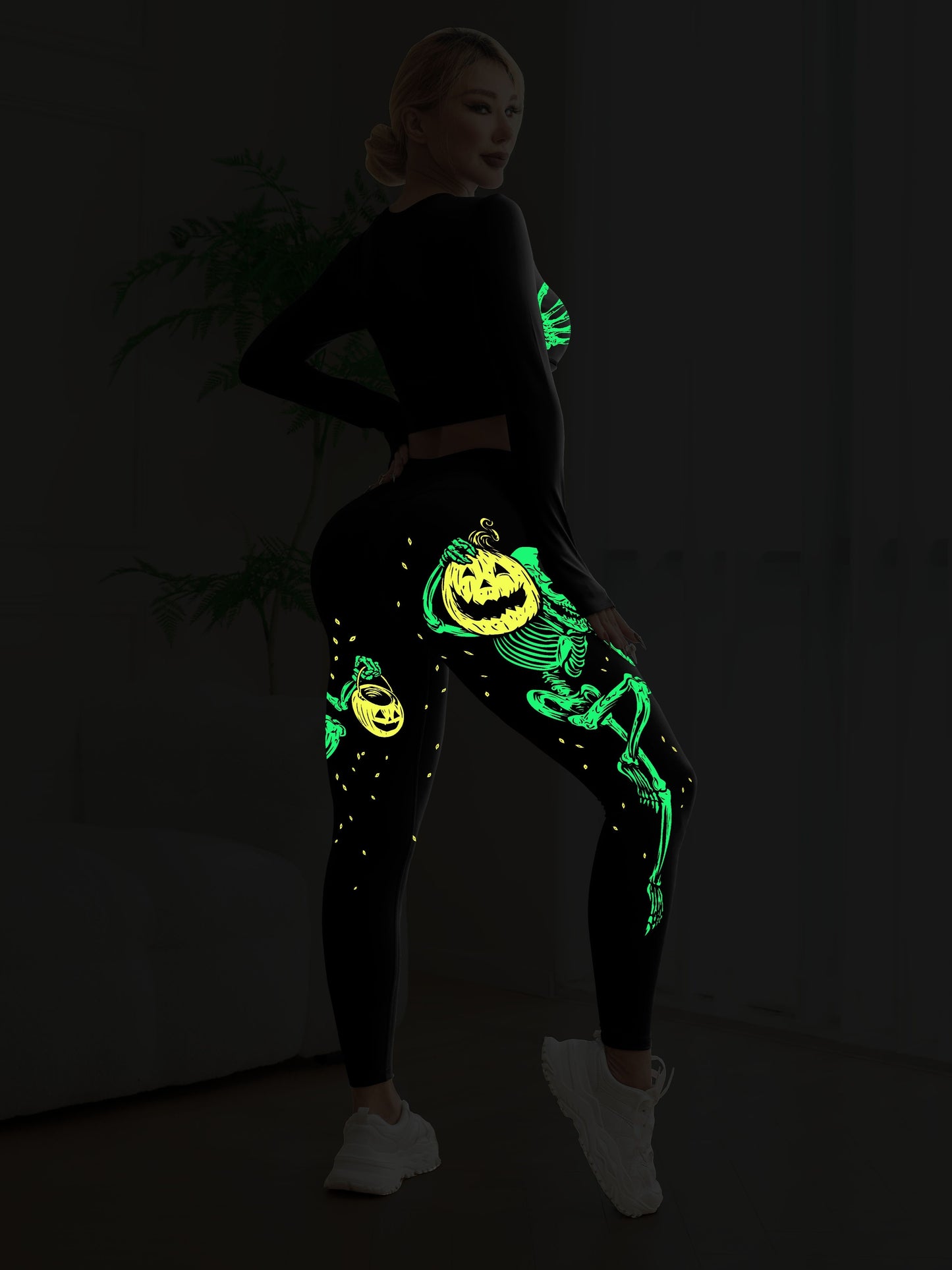 Women's Halloween Glow In Dark Skeleton Pumpkin Yoga Set