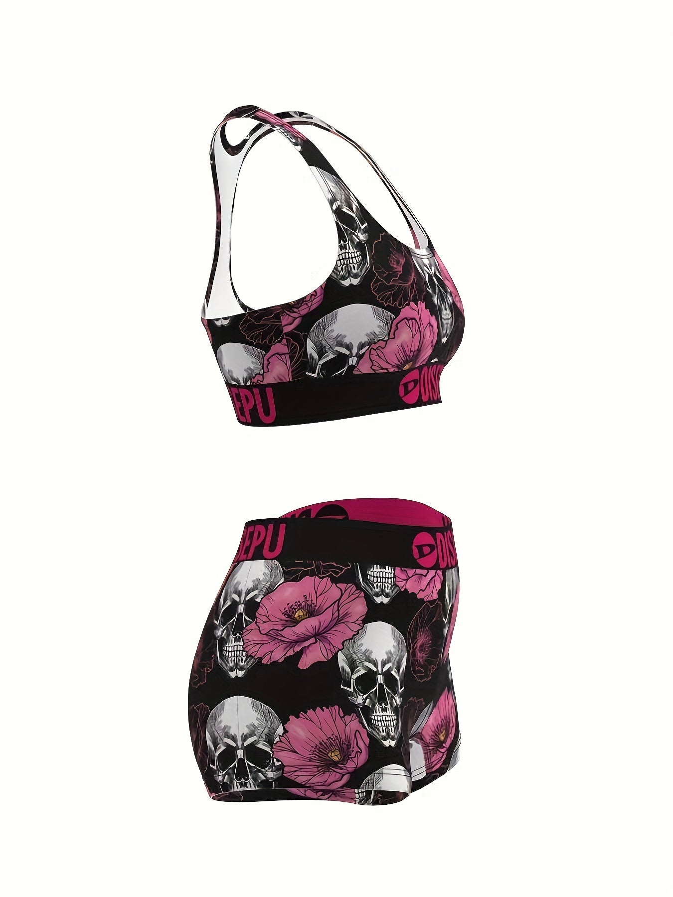 Gothic Floral Skull Print Sports Bra And Shorts Set - Revitalize Mind Body