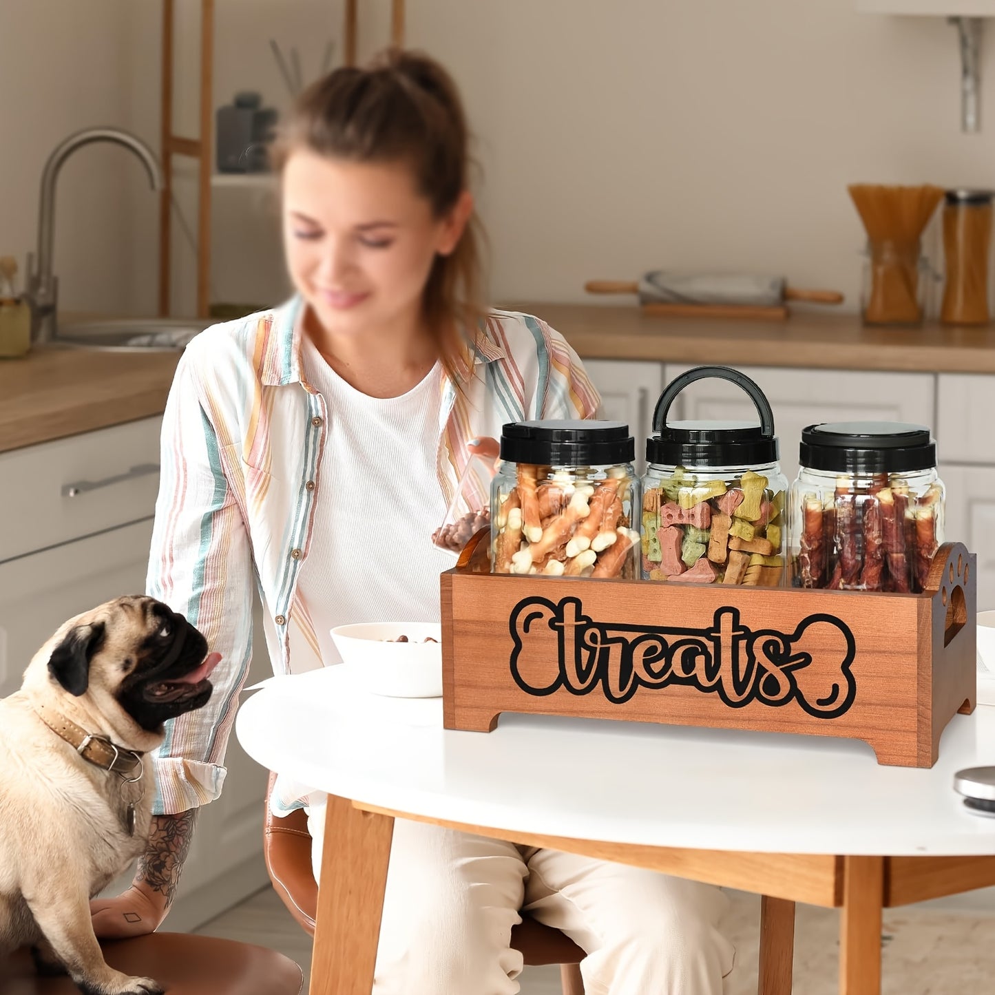Wooden Dog Treat Container Farmhouse Pet Food Storage