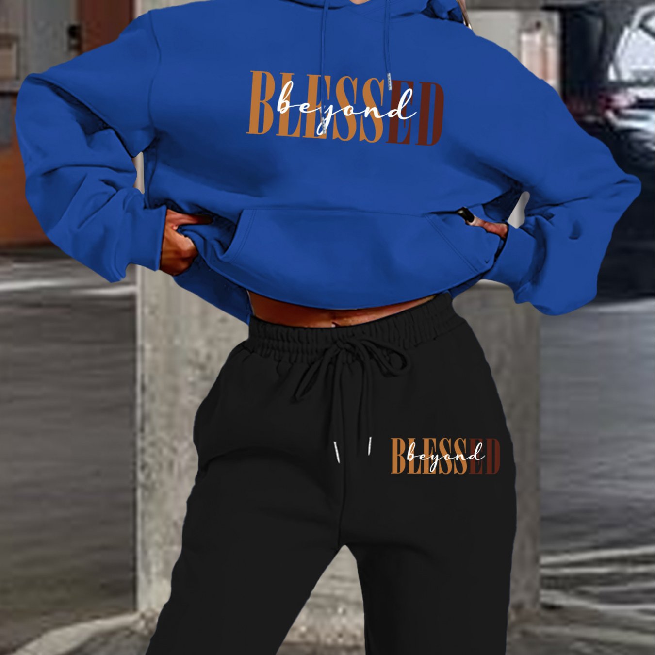 Women’s Letter Print Hoodie And Jogger Set Polyester With Pockets