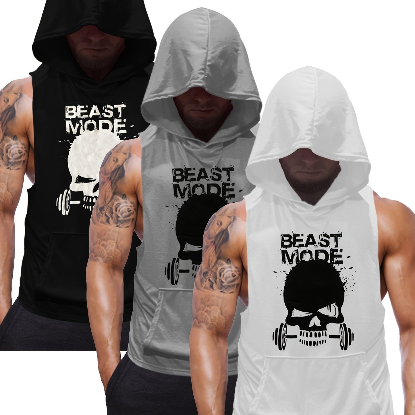 Men's Sleeveless Hooded Workout Tank Tops by QQ
